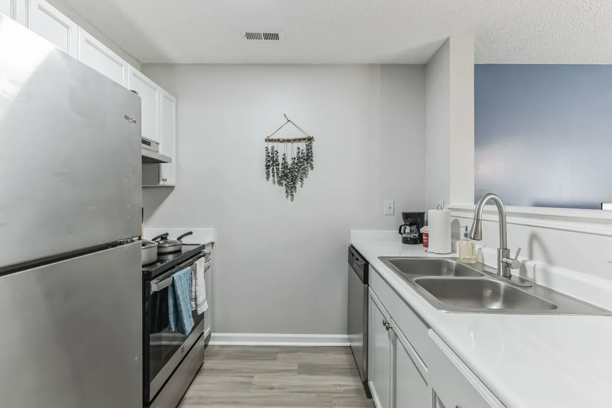 A bright, inviting kitchen with stainless steel appliances, crisp white cabinetry, and a decorative plant adding a touch of life. Spacious counters make meal prep easy, while the open layout encourages socializing and connection. The scene radiates warmth and modern functionality, suggesting the kitchen is both a culinary and social hub.